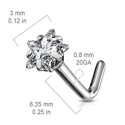 GADGETSDEN 316L Steel Silver Color L Bend Nose Stud Ring Prong Set Heart Cubic Zirconia piercing Jewellery