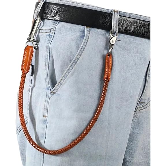 Trouser Chain with Carabiner Key Chain Waiter's Chain in Black Leather and Alloy, 25.5 inches, Unisex Adults
