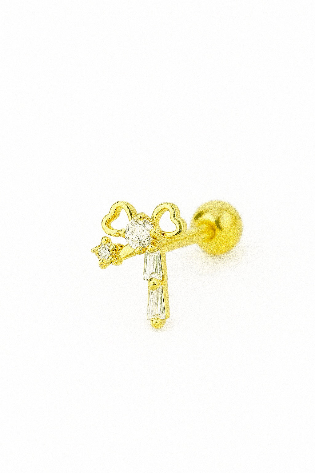 Gold Bow Heart stud with Daimond Baguettes- Single