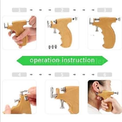 Stainless Steel Professional Saloon Beige Color Piercing Gun Tool Kit with 3, 4 & 5mm Stud Holders + 12Pairs Gun Studs Pack