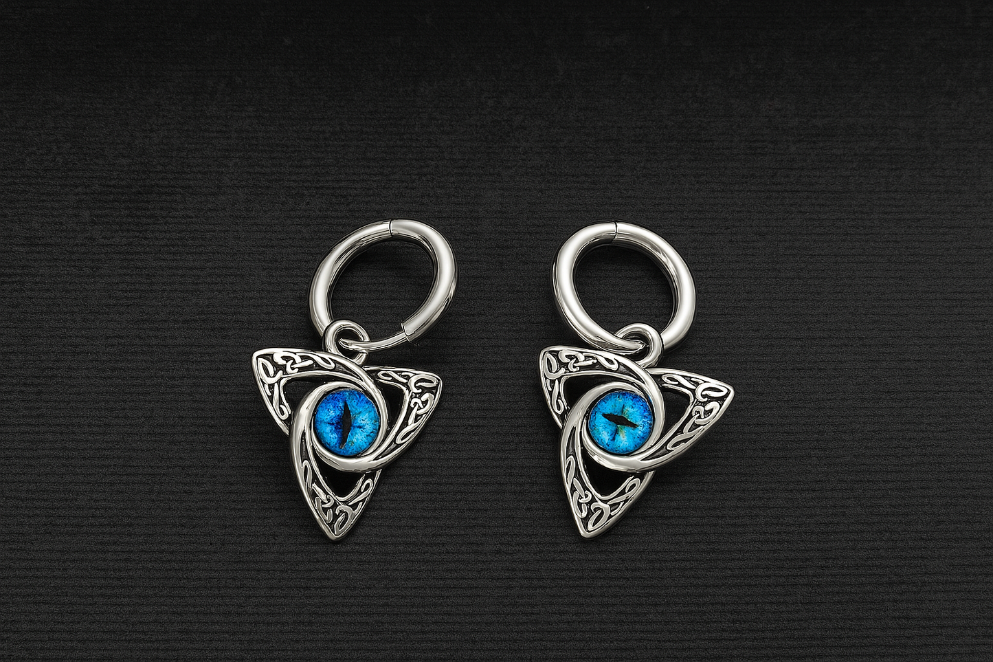 Men hoop blue eye dangle ear studs steel