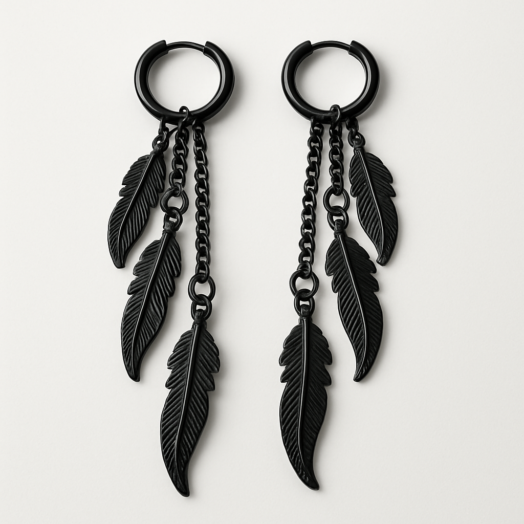 Men hoop feather hanging ear studs steel