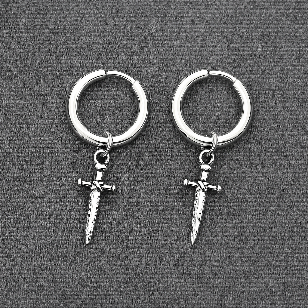 Men hoop sword dangle ear studs steel