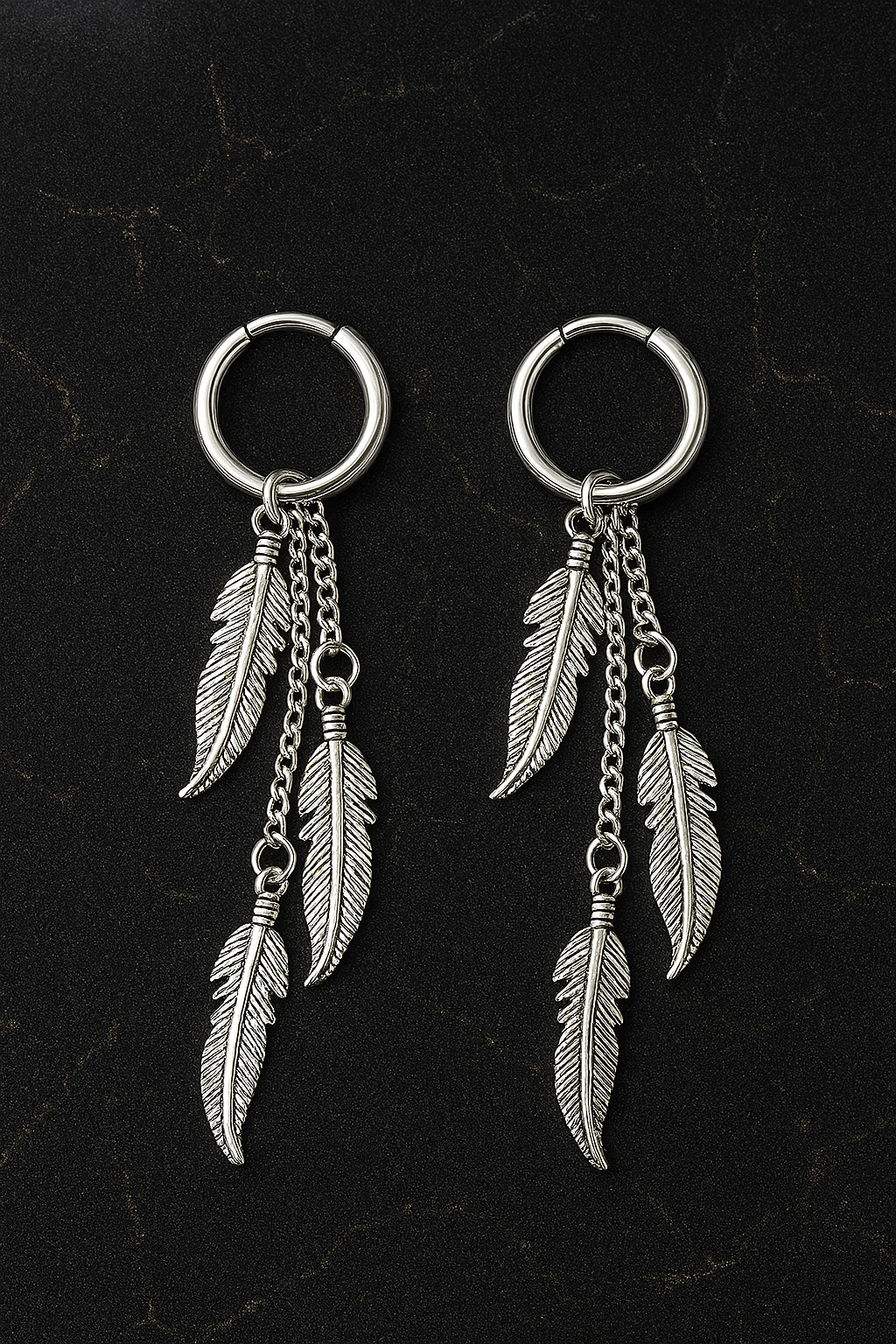 Men hoop feather dangle ear studs steel
