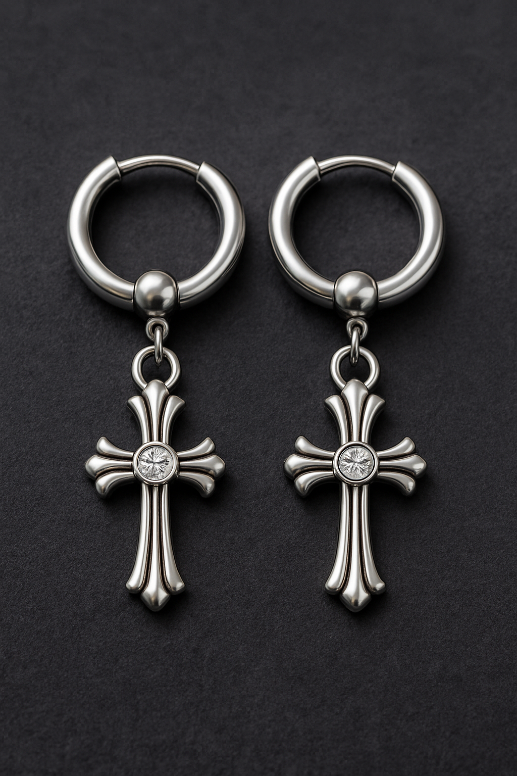Men hoop cross dangle ear studs steel