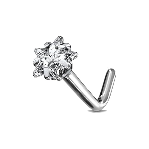 GADGETSDEN 316L Steel Silver Color L Bend Nose Stud Ring Prong Set Heart Cubic Zirconia piercing Jewellery