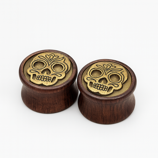 Thai Solid wood Skull Head Ear Tunnel plug- PAIR