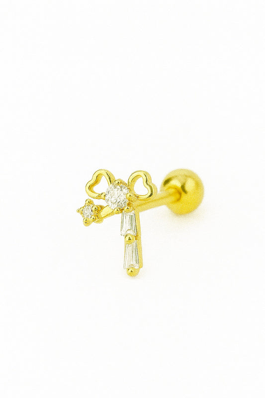 Gold Bow Heart stud with Daimond Baguettes- Single