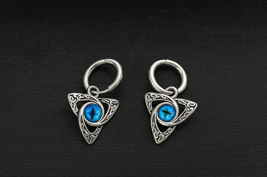 Men hoop blue eye dangle ear studs steel