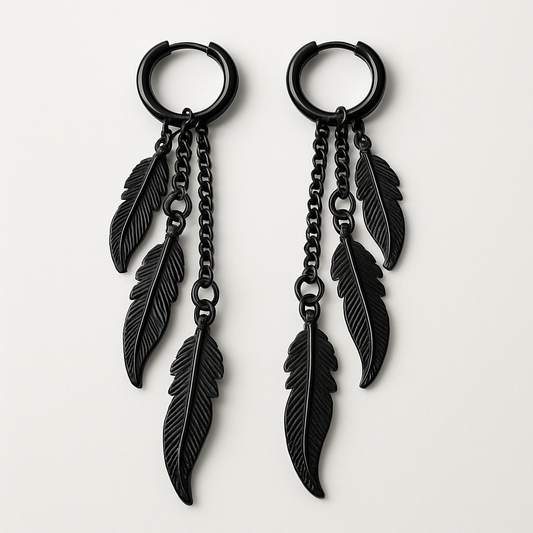 Men hoop feather hanging ear studs steel