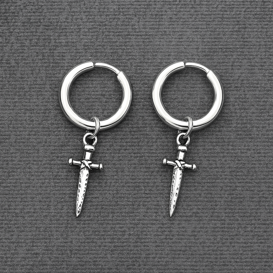 Men hoop sword dangle ear studs steel