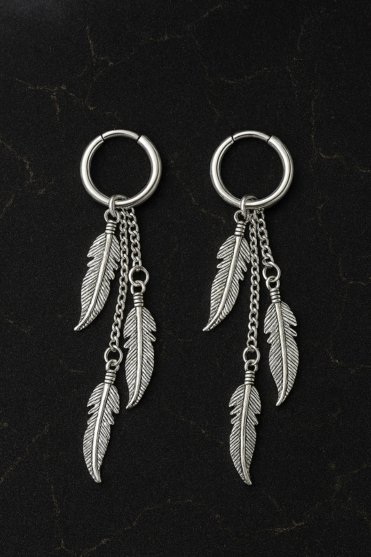Men hoop feather dangle ear studs steel