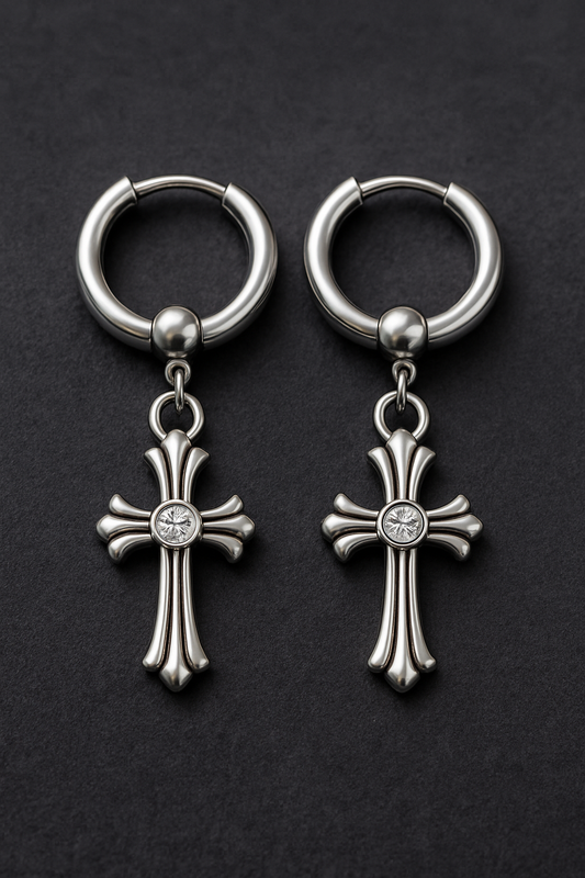 Men hoop cross dangle ear studs steel