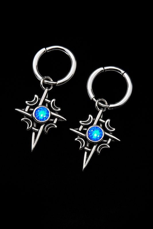 Men hoop blue eye hanging ear studs steel