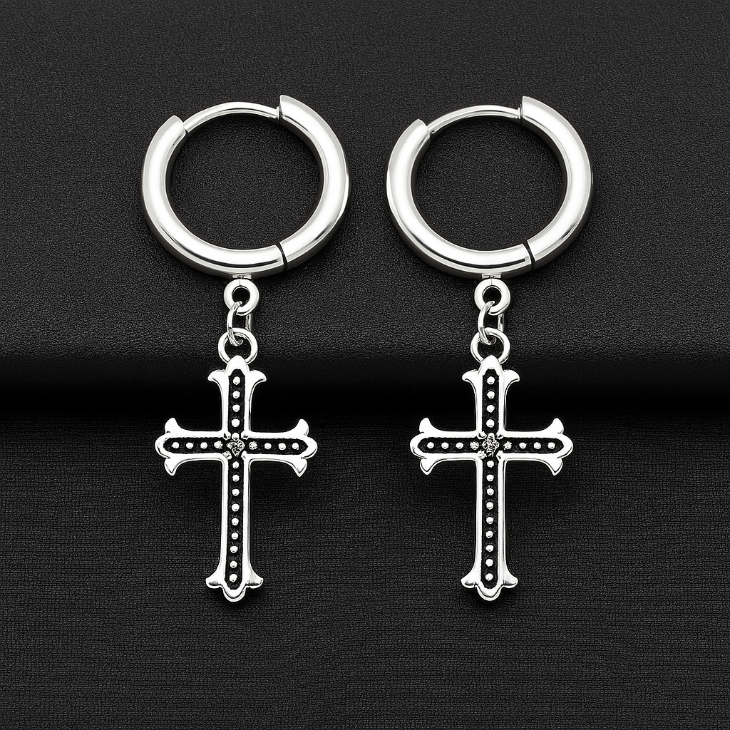 Men hoop cross dangle ear studs steel