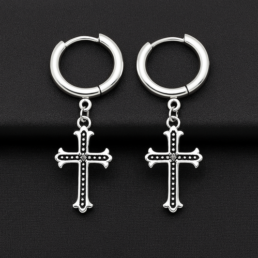 Men hoop cross dangle ear studs steel