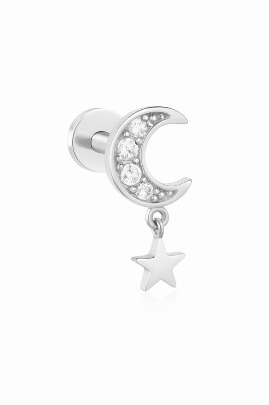 Silver colour CZ Moon stud with a dangling star
