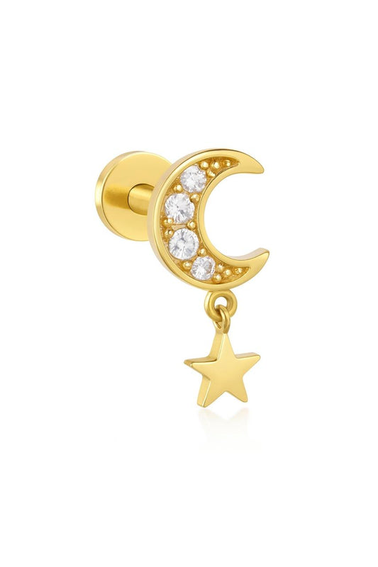 Gold colour CZ stone Moon stud with a dangling star