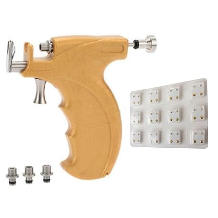 Stainless Steel Professional Saloon Beige Color Piercing Gun Tool Kit with 3, 4 & 5mm Stud Holders + 12Pairs Gun Studs Pack